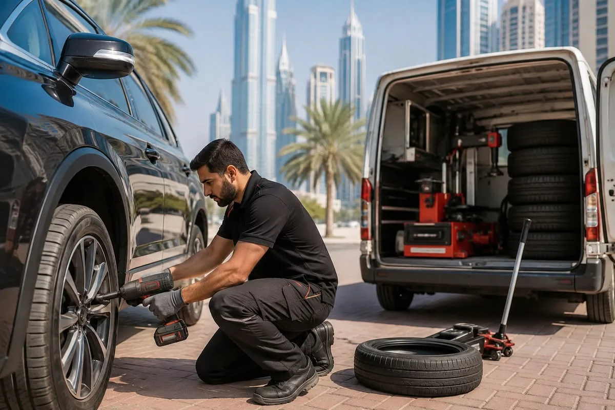 FixMyTyre mobile tyre fitting in DAMAC Hills, Dubai